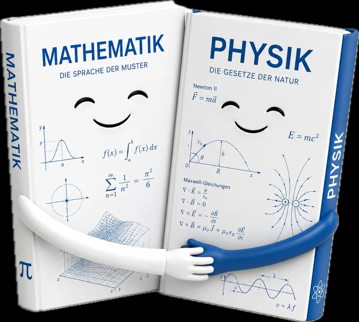 Lachende Mathe- und Physik-Buecher umarmen sich